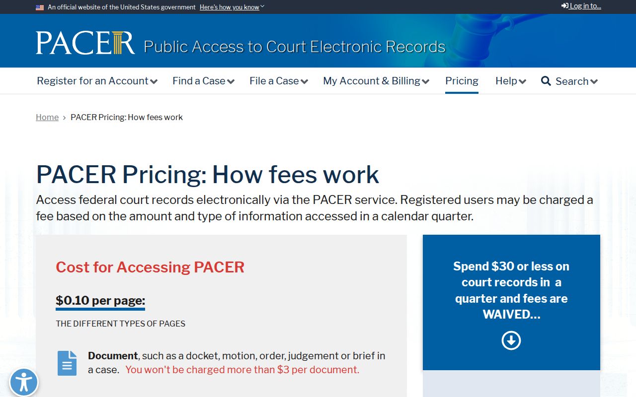 Official PACER pricing and federal court access information