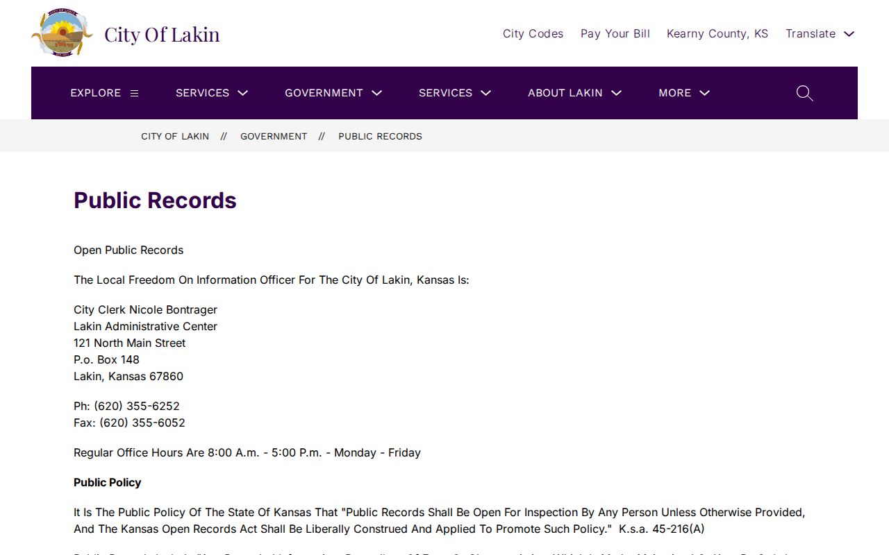 Lakin public records request information and city records officer