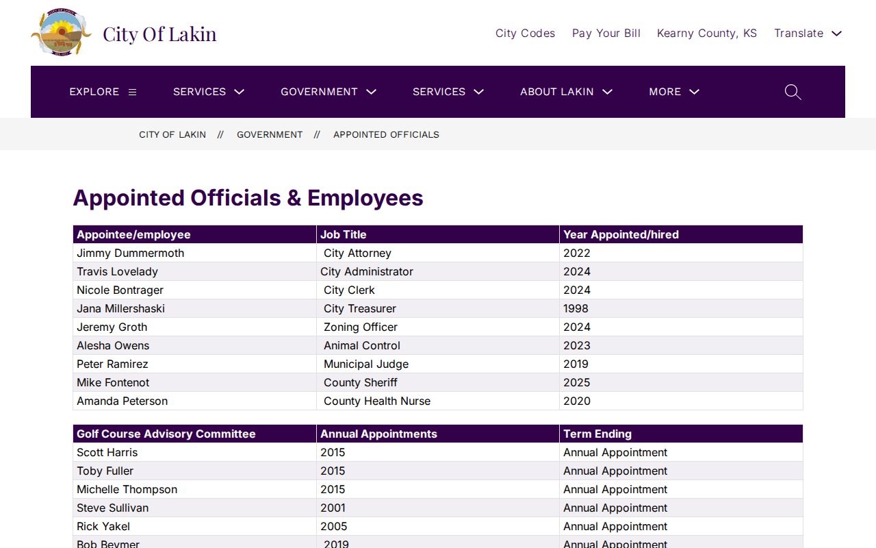 Lakin appointed officials page identifying the municipal judge