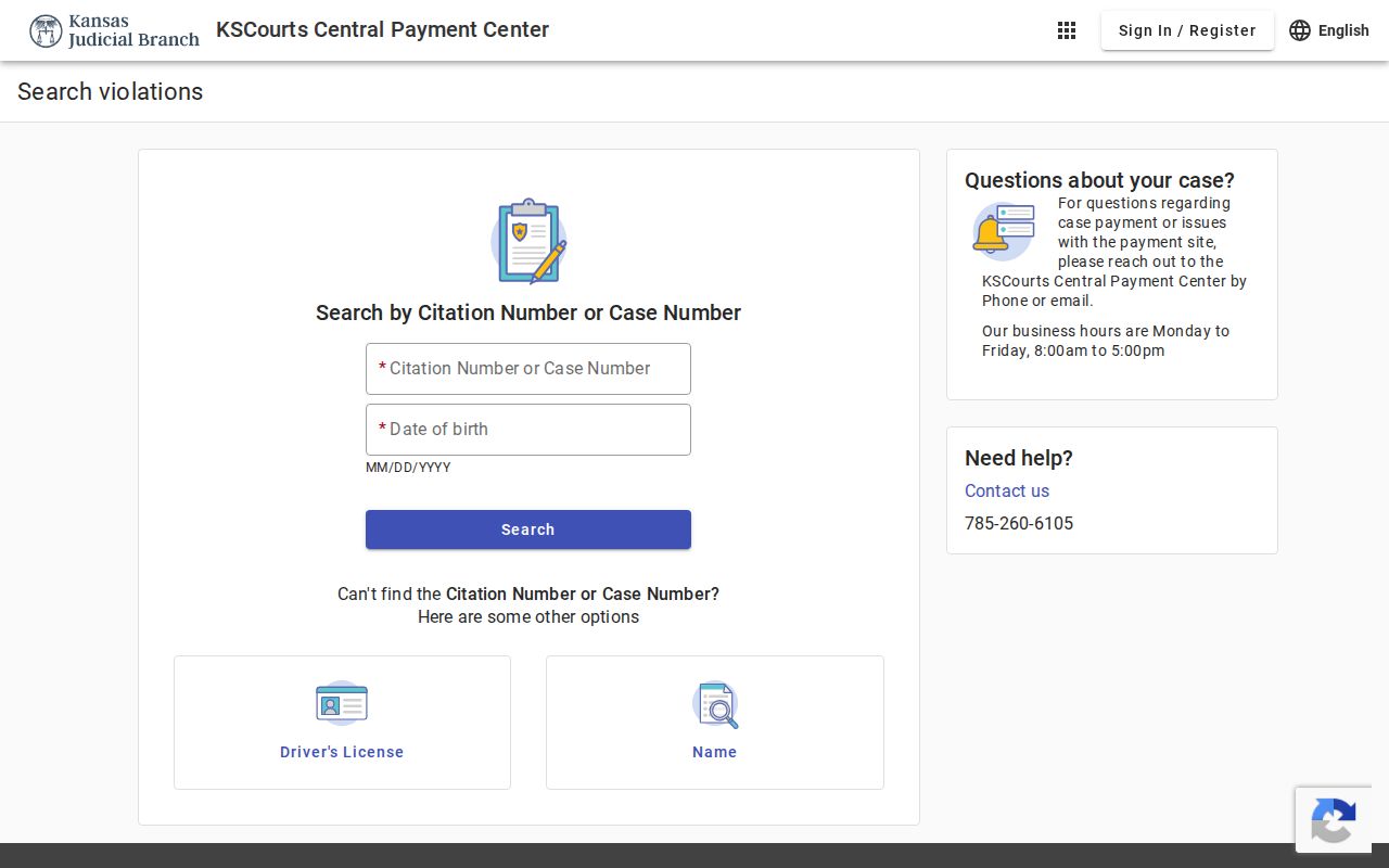 Kansas Central Payment Center traffic case search fields